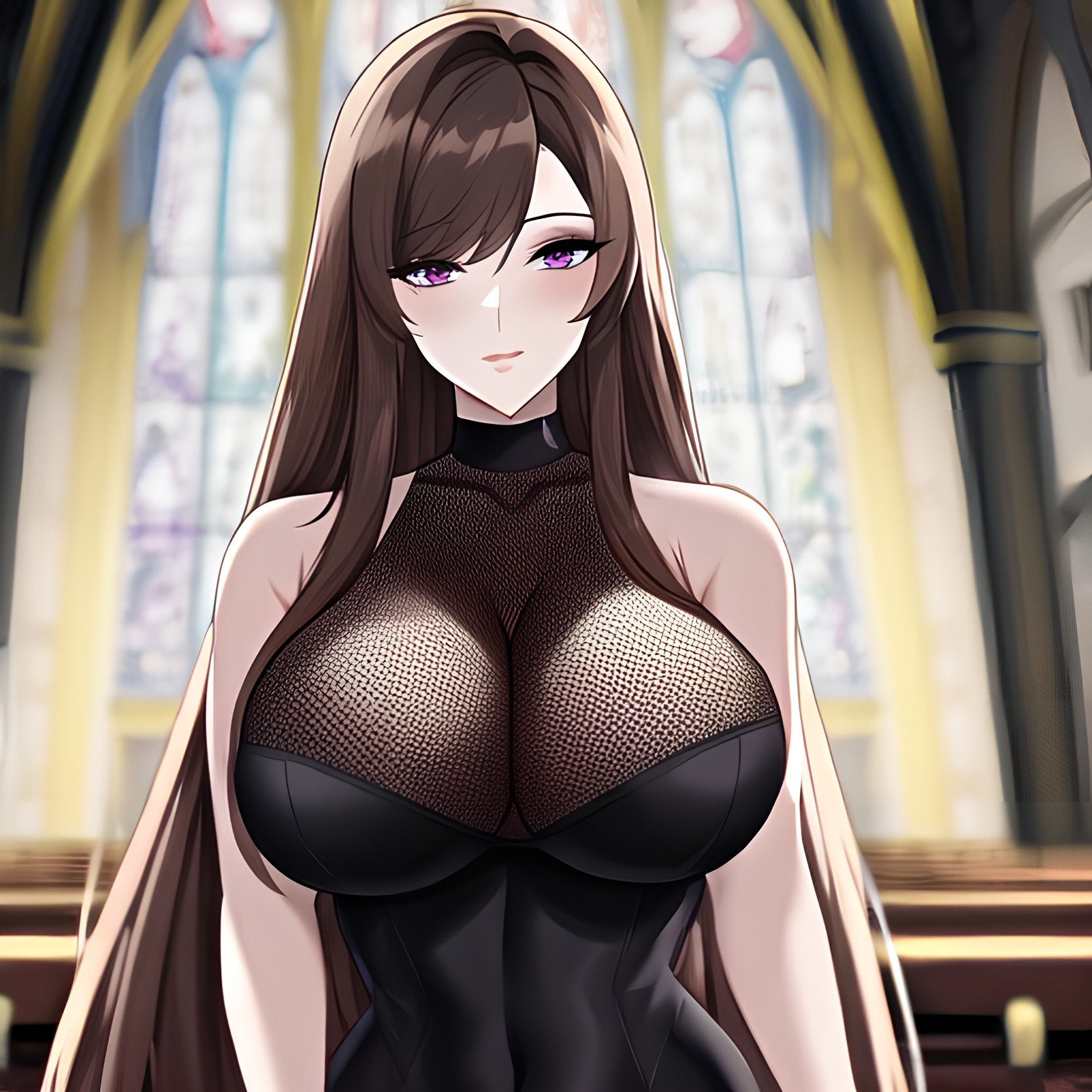 woman long hair church messy hair fishnet brunette 