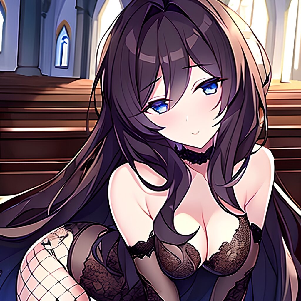 woman long hair church messy hair fishnet brunette