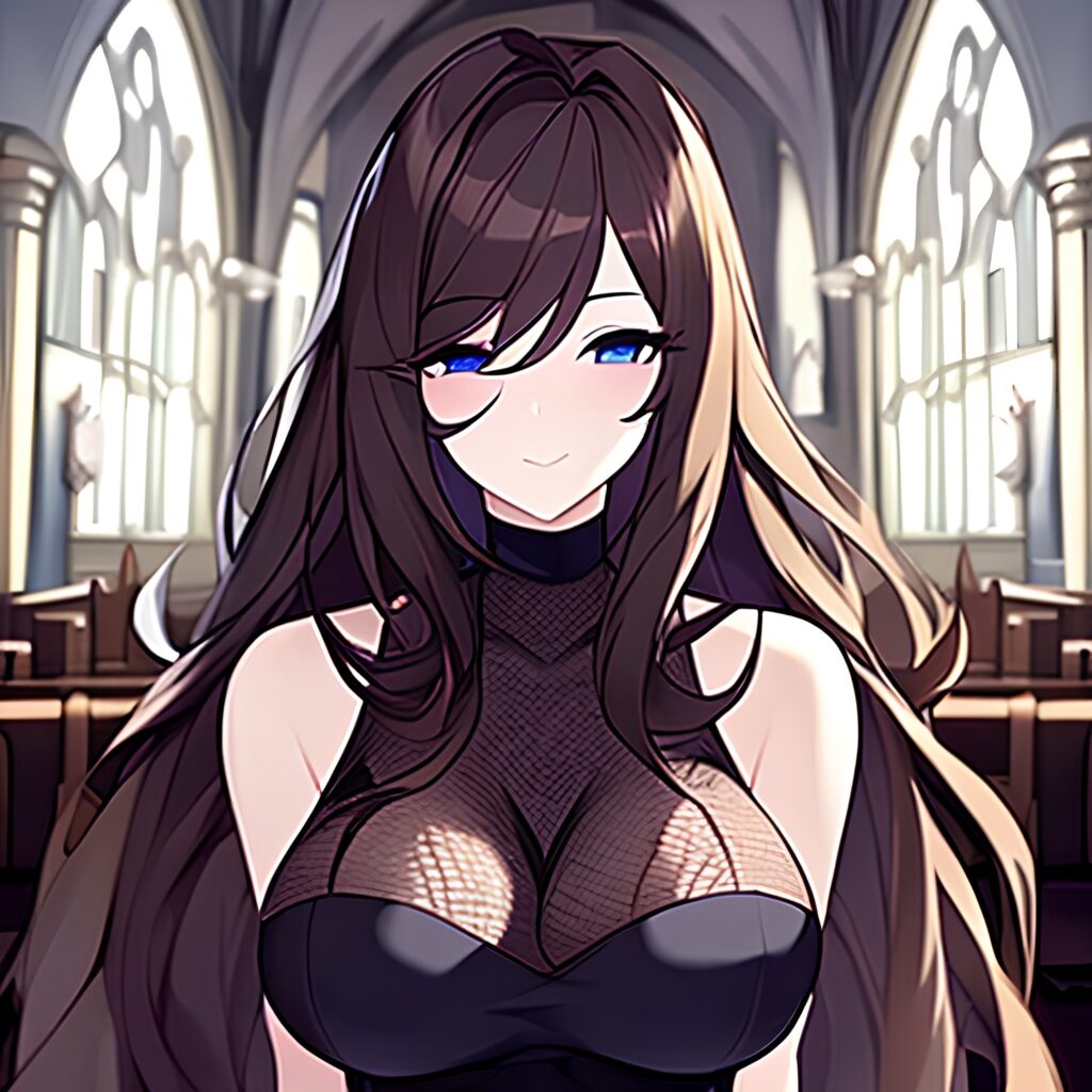 woman long hair church messy hair fishnet brunette 