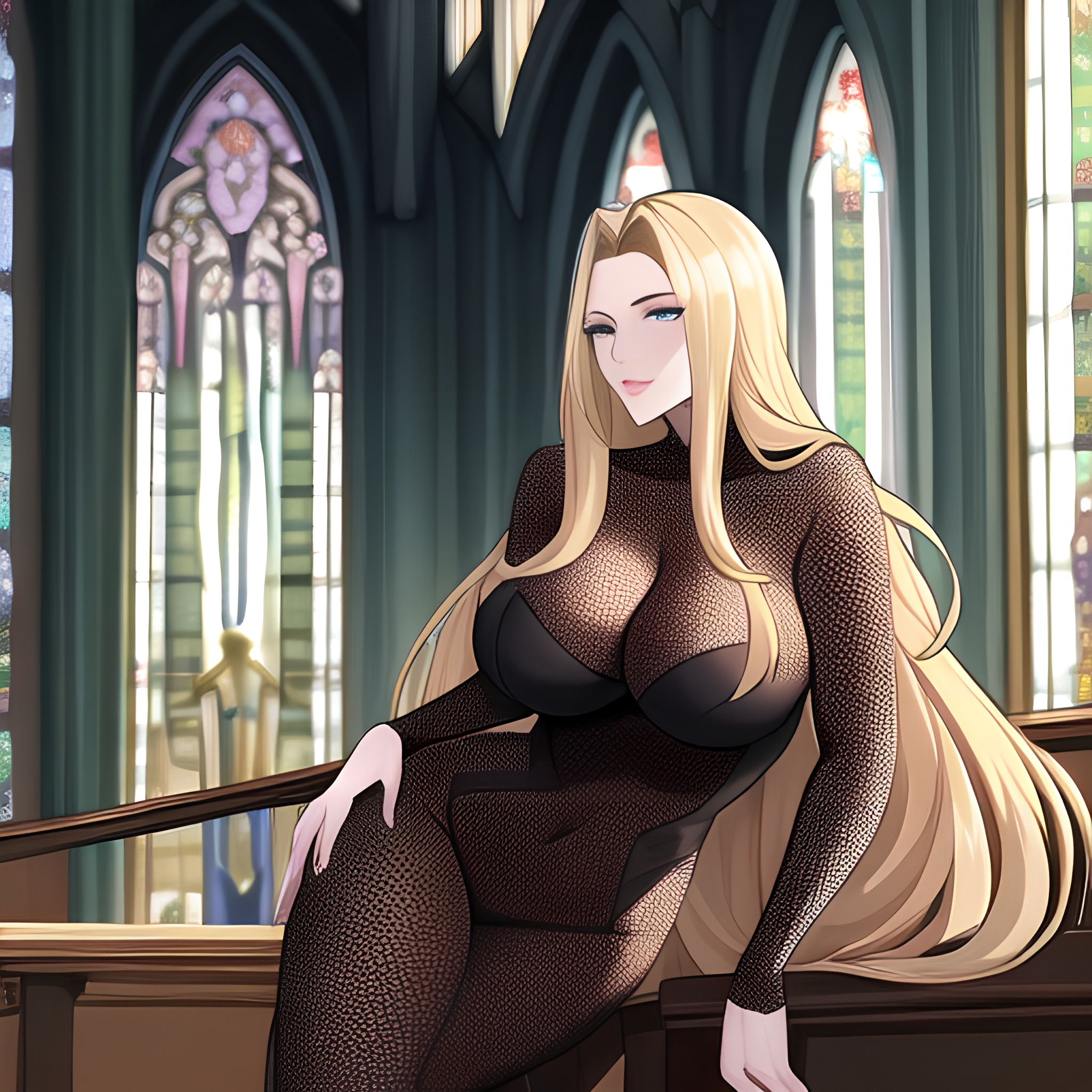 woman long hair fishnet blonde church