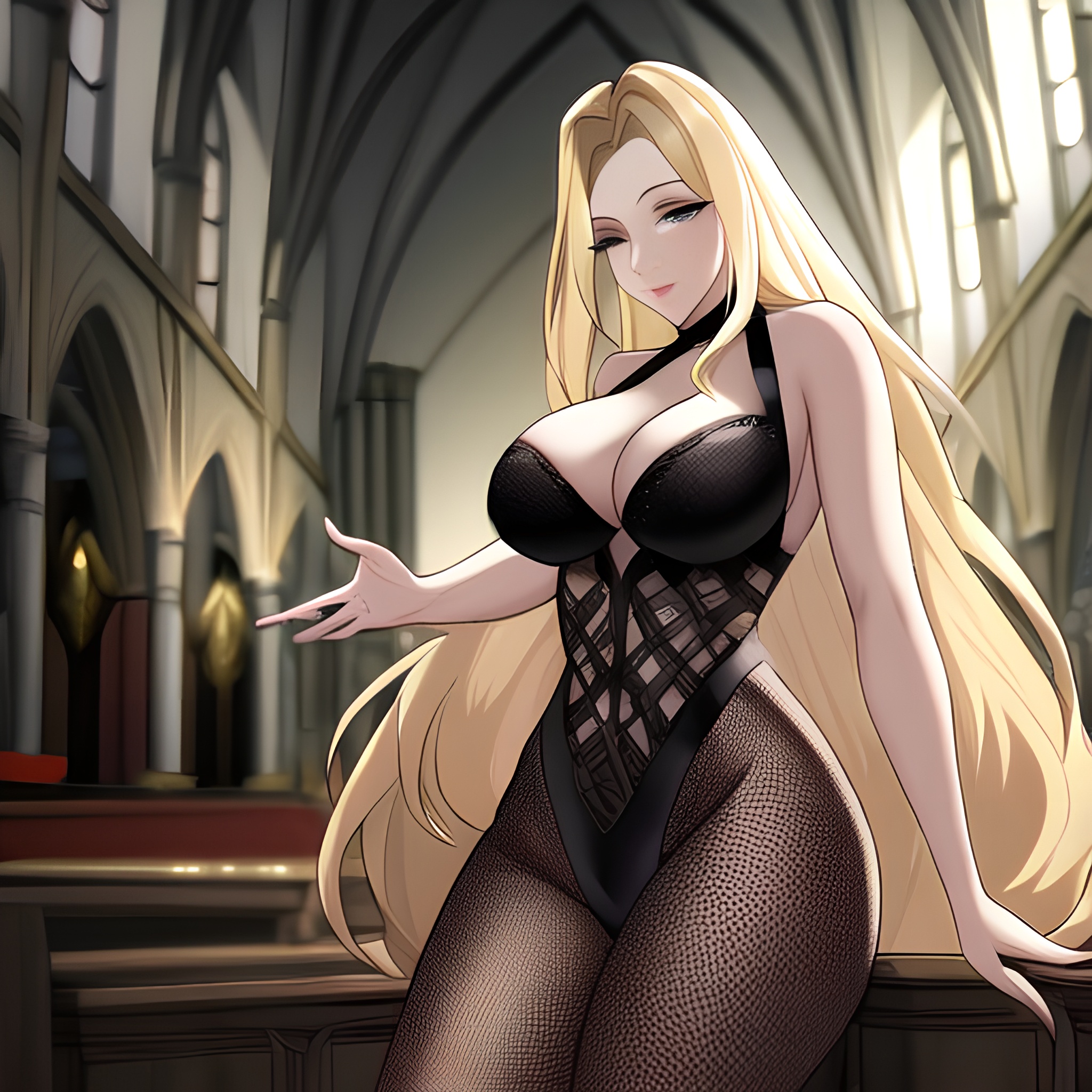 woman long hair fishnet blonde church 