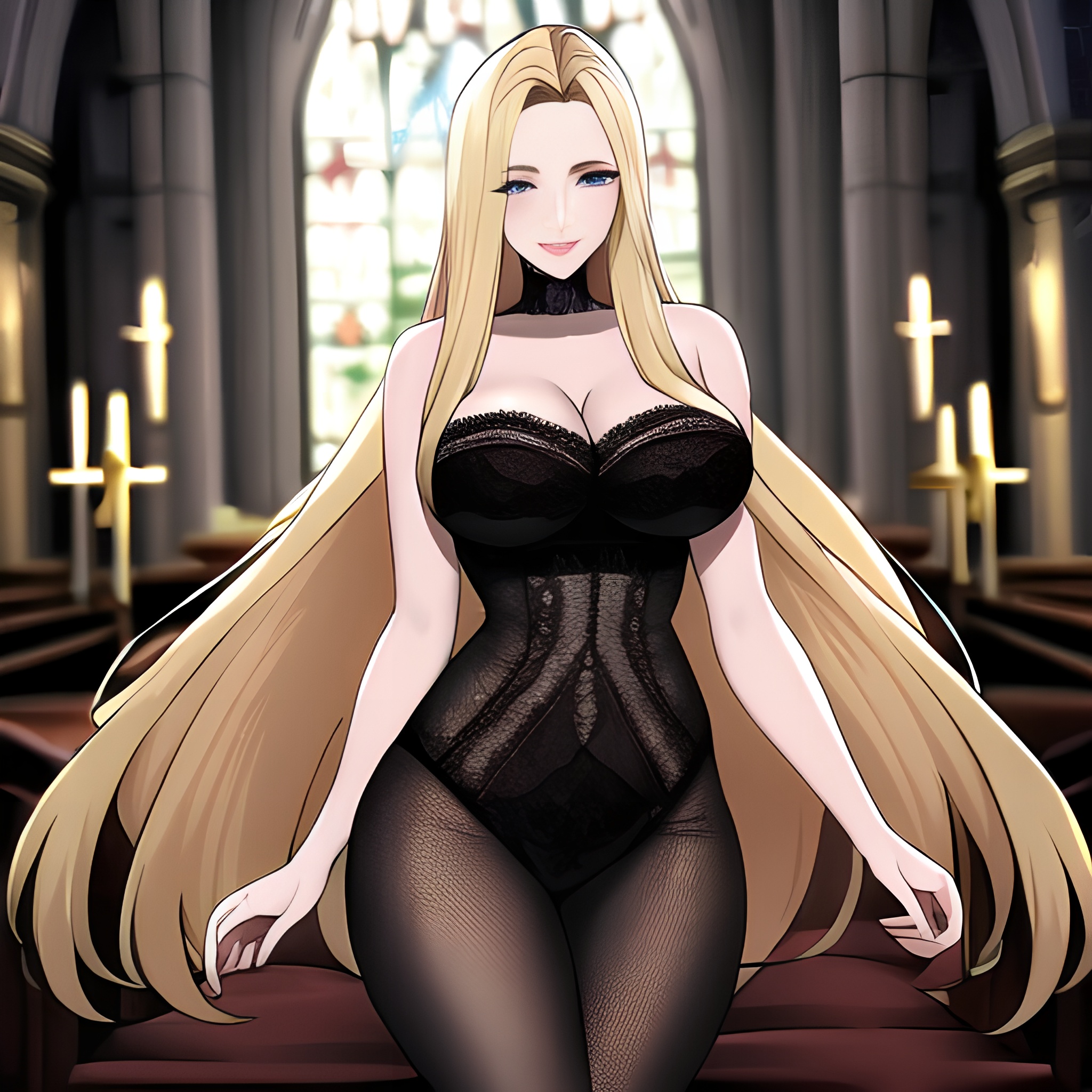 woman long hair fishnet blonde church 