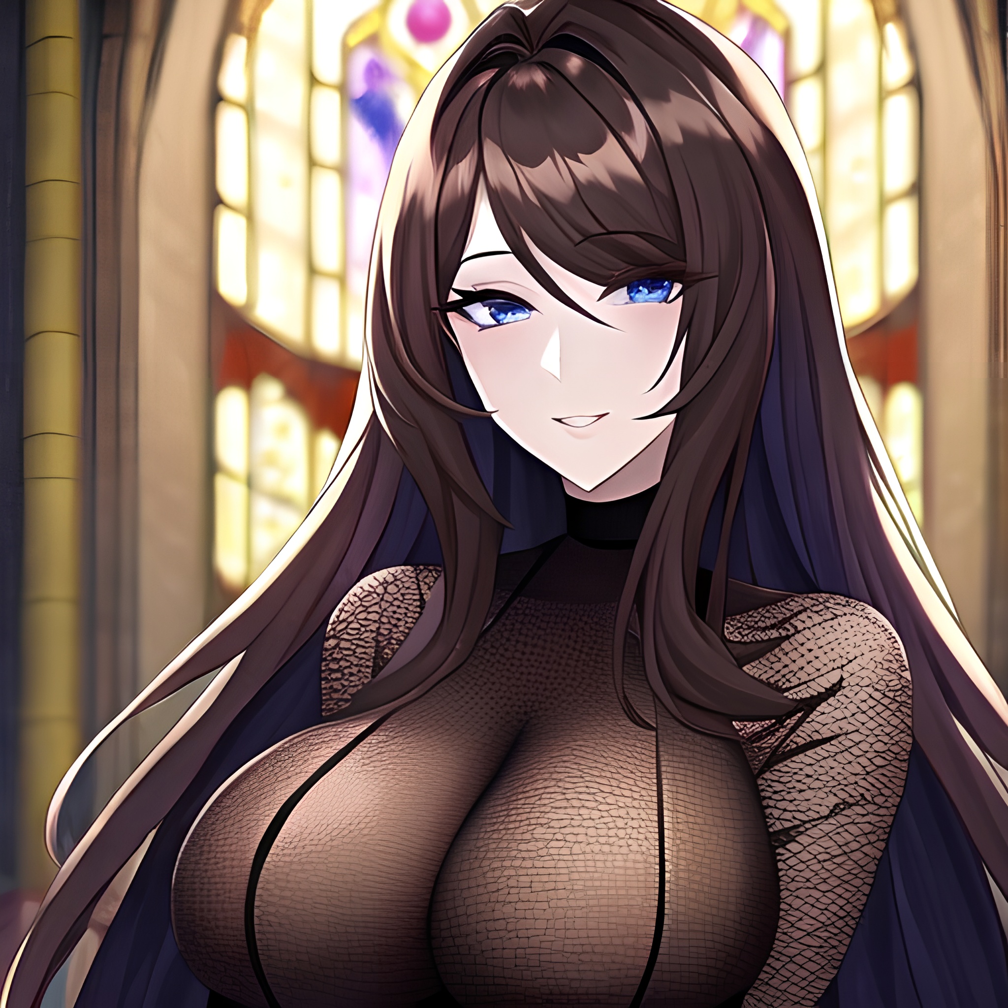 woman long hair fishnet brunette church messy hair 