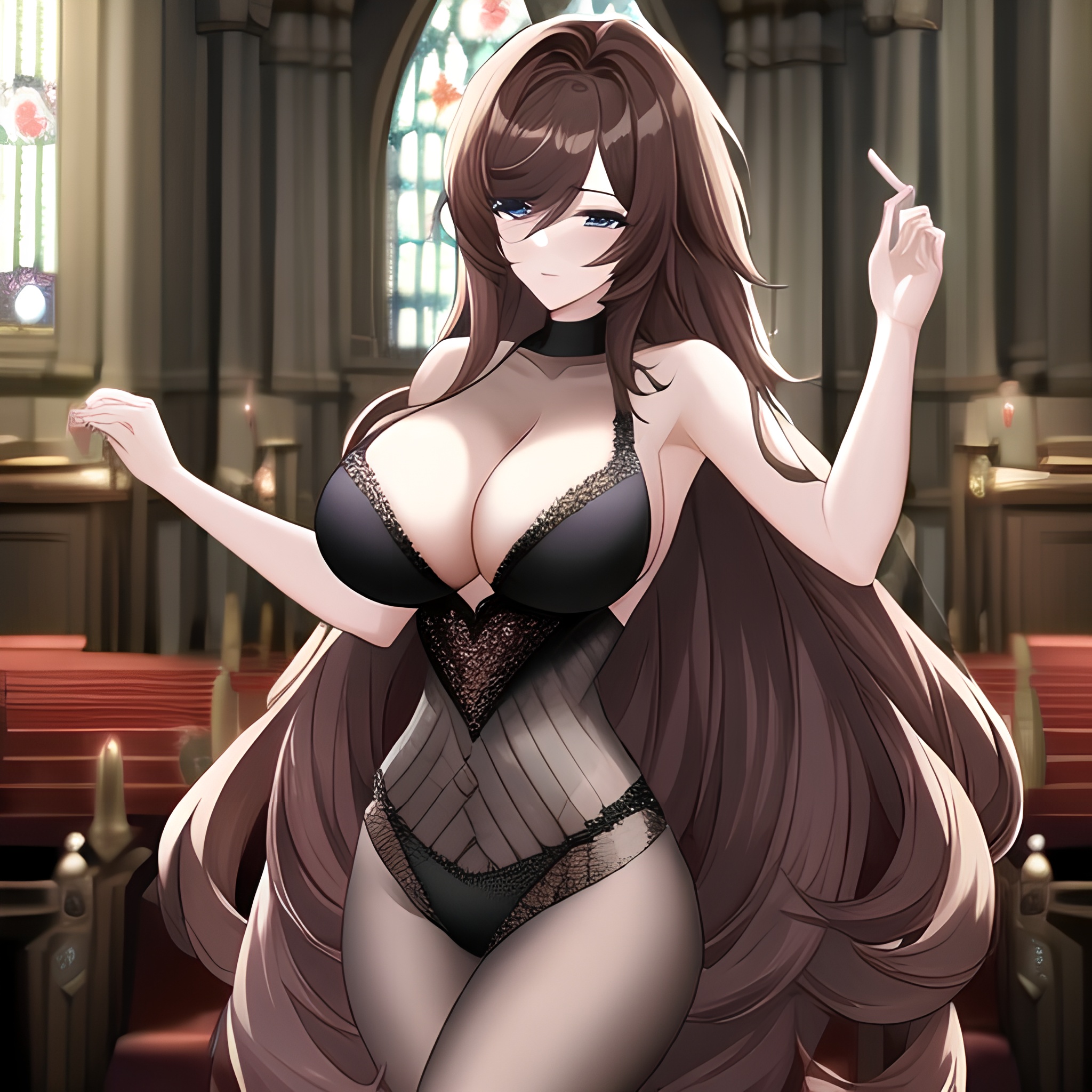 woman long hair fishnet brunette messy hair church 