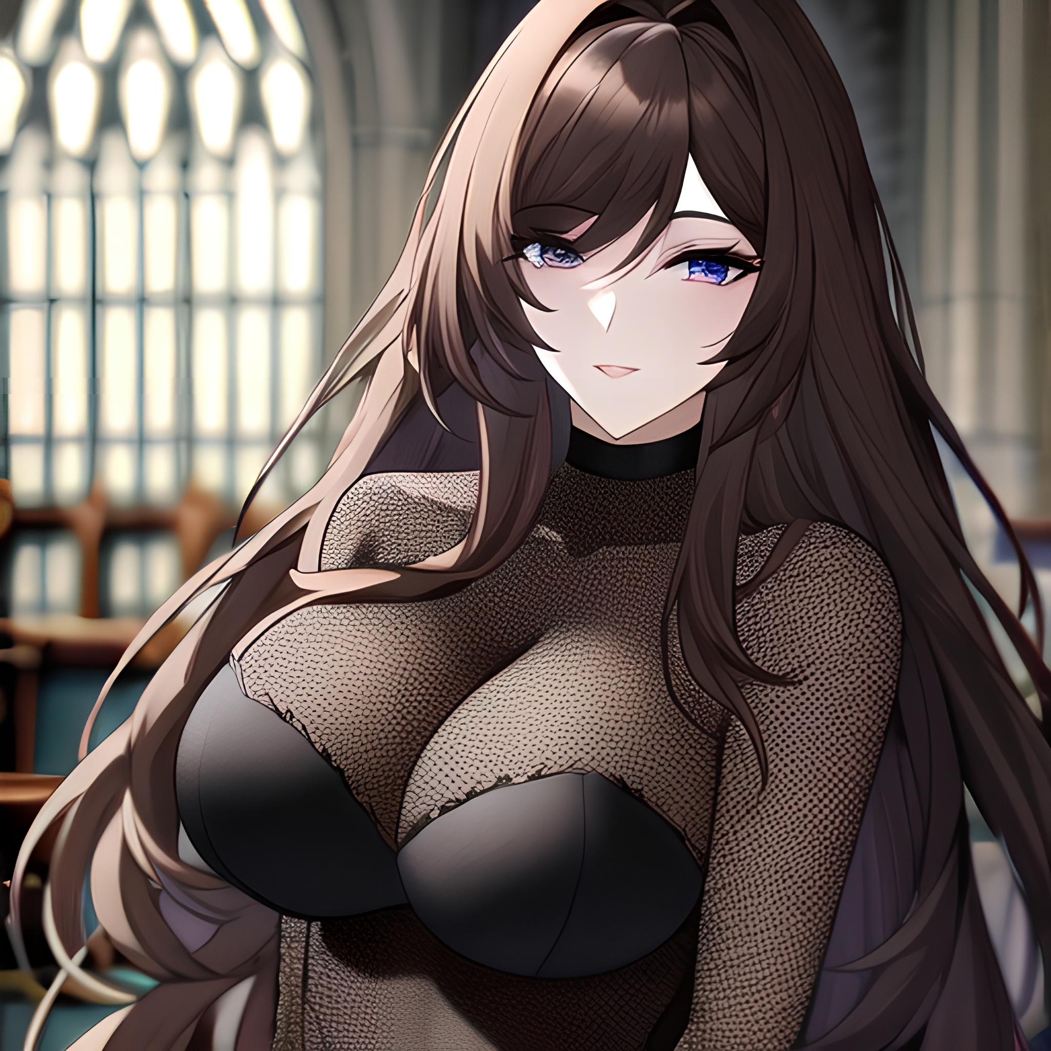 woman long hair fishnet brunette messy hair church 