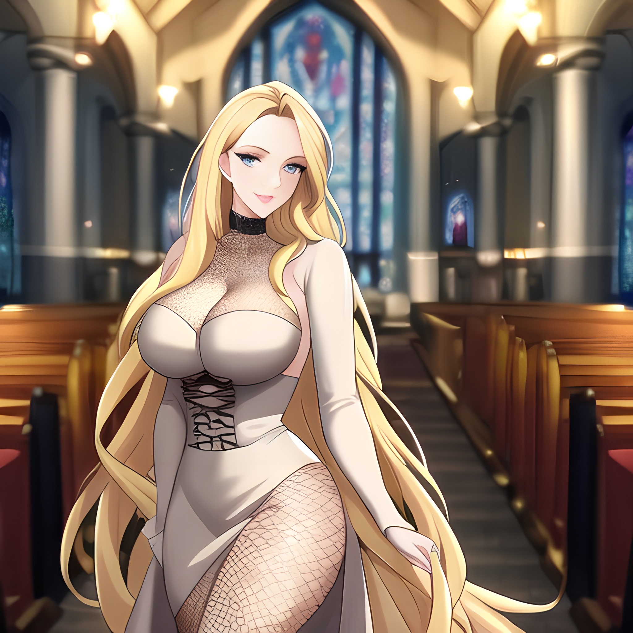woman long hair fishnet church blonde 