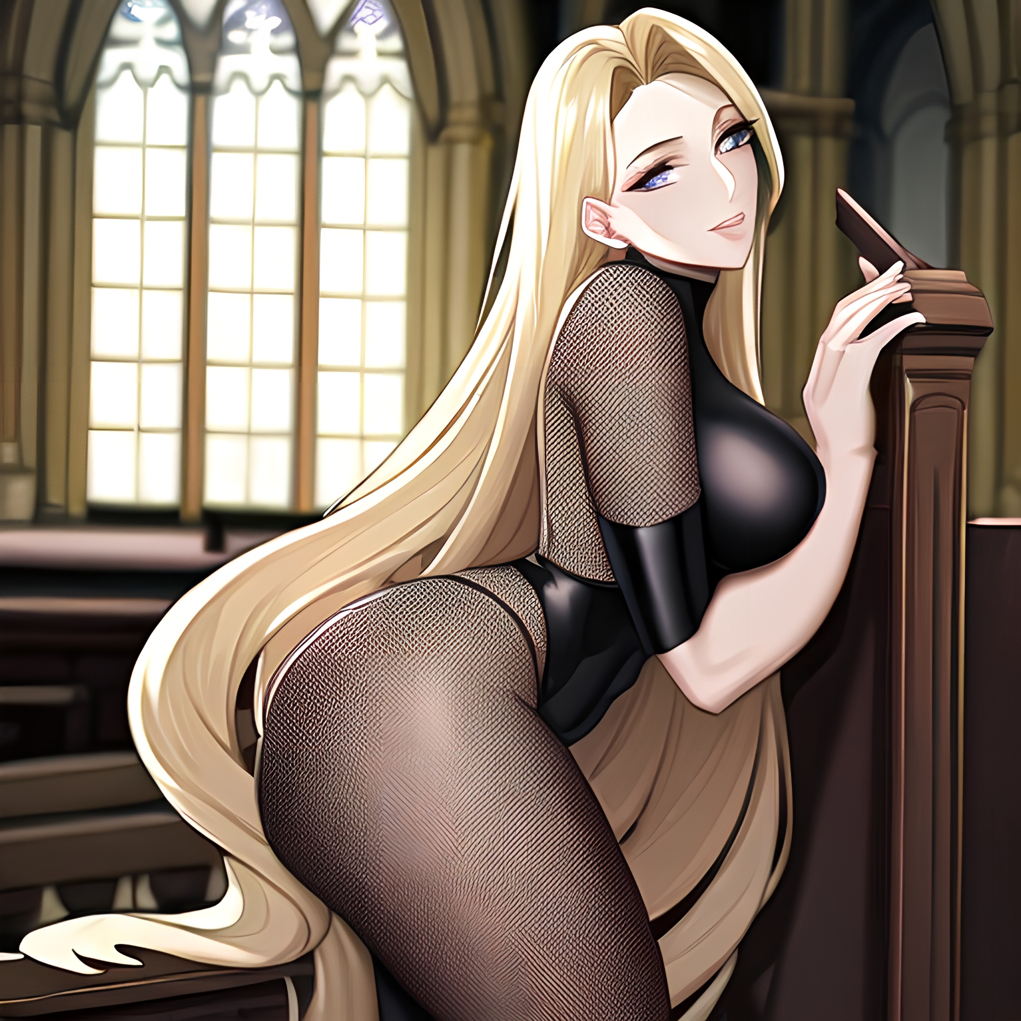 woman long hair fishnet church blonde 
