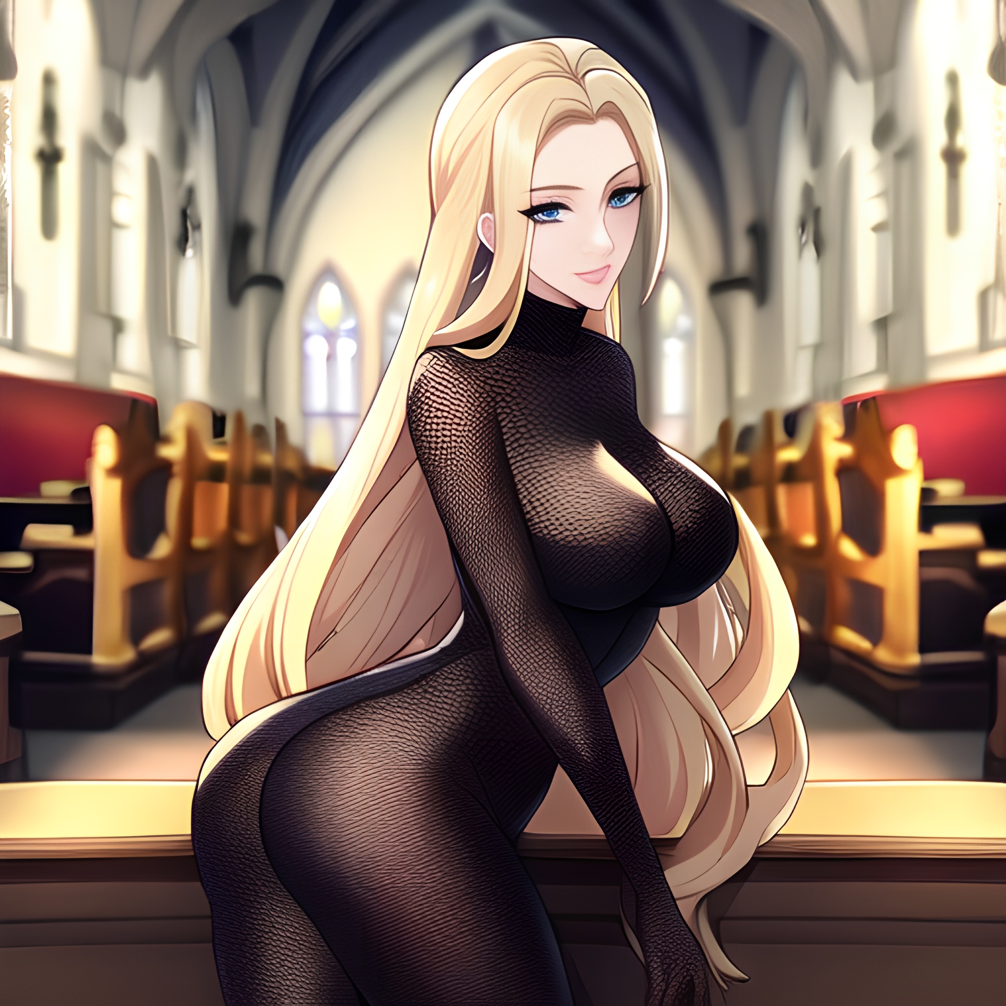 woman long hair fishnet church blonde 