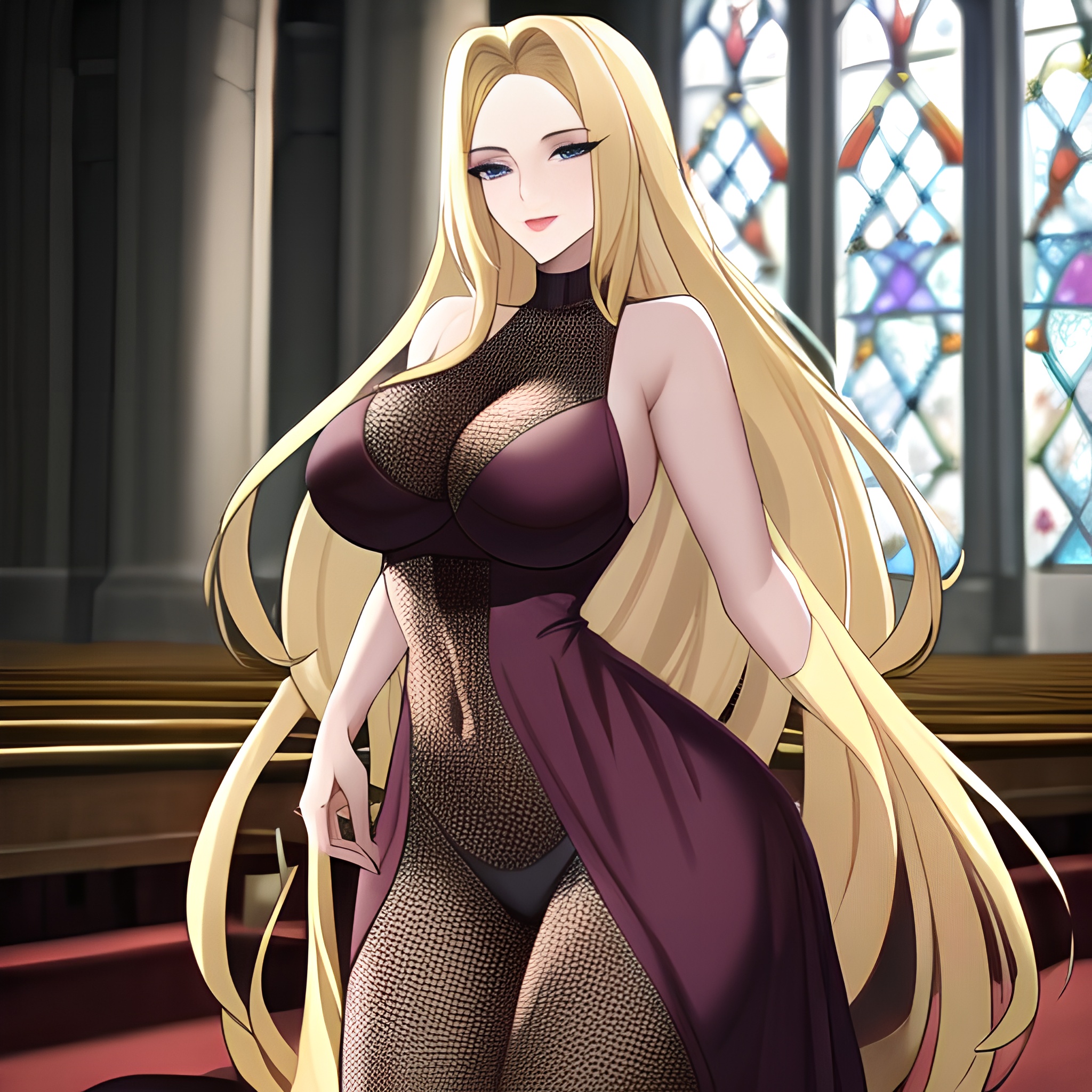 woman long hair fishnet church blonde