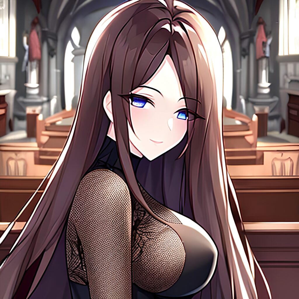 woman long hair fishnet church brunette messy hair 