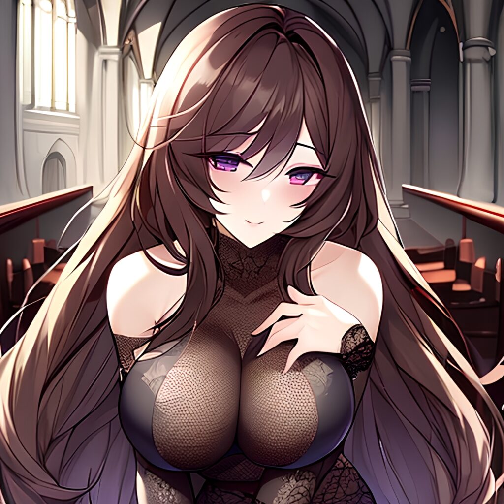 woman long hair fishnet church brunette messy hair 