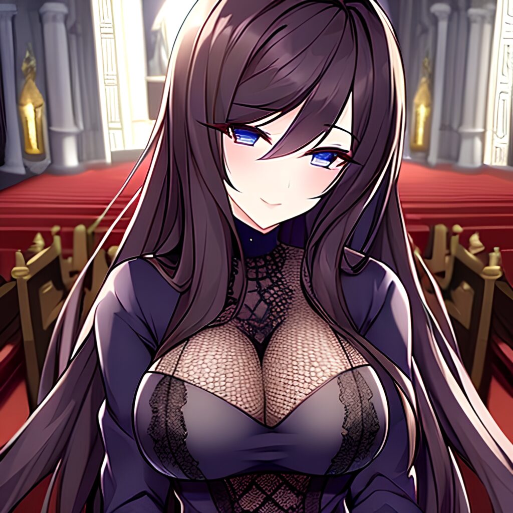 woman long hair fishnet church messy hair brunette 