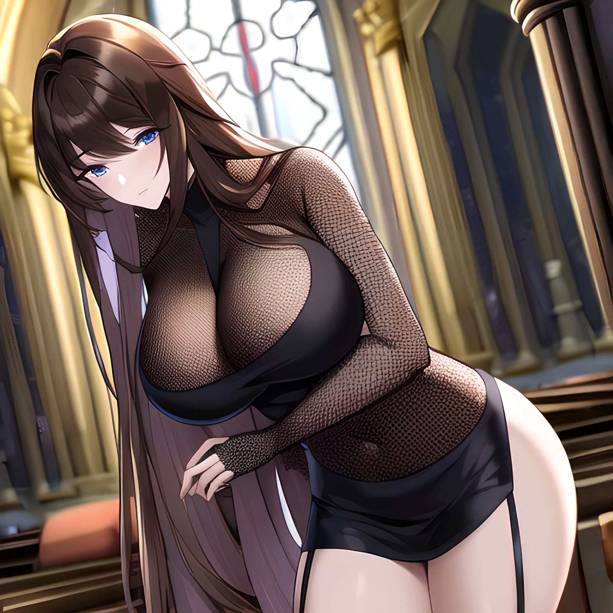 woman long hair fishnet church messy hair brunette 