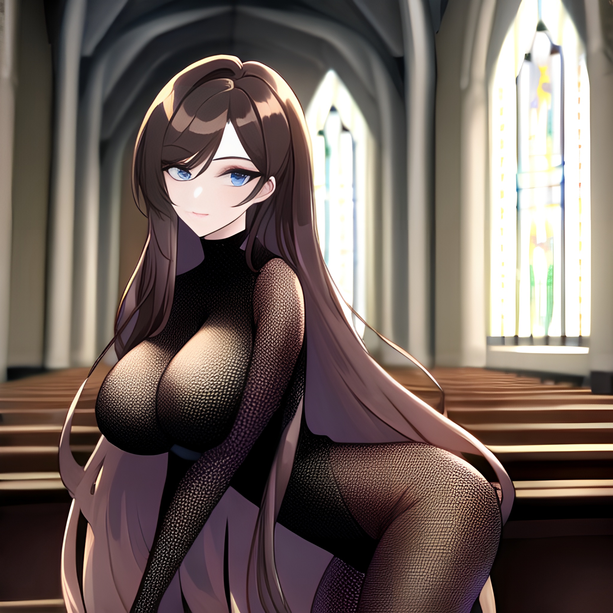 woman long hair fishnet church messy hair brunette 