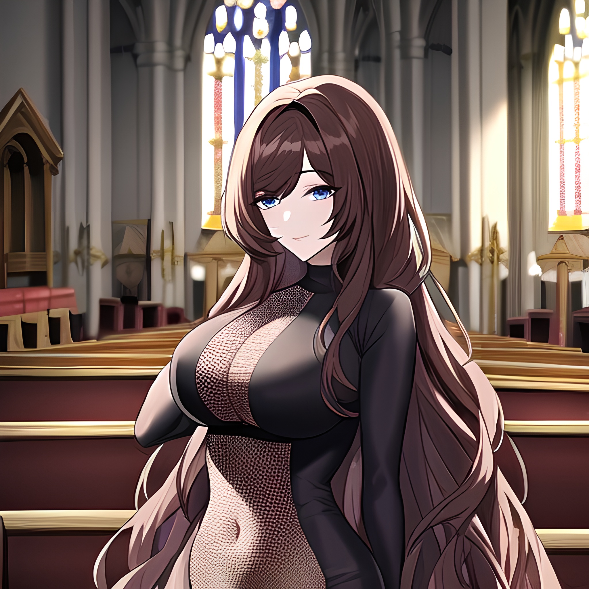 woman long hair fishnet church messy hair brunette 