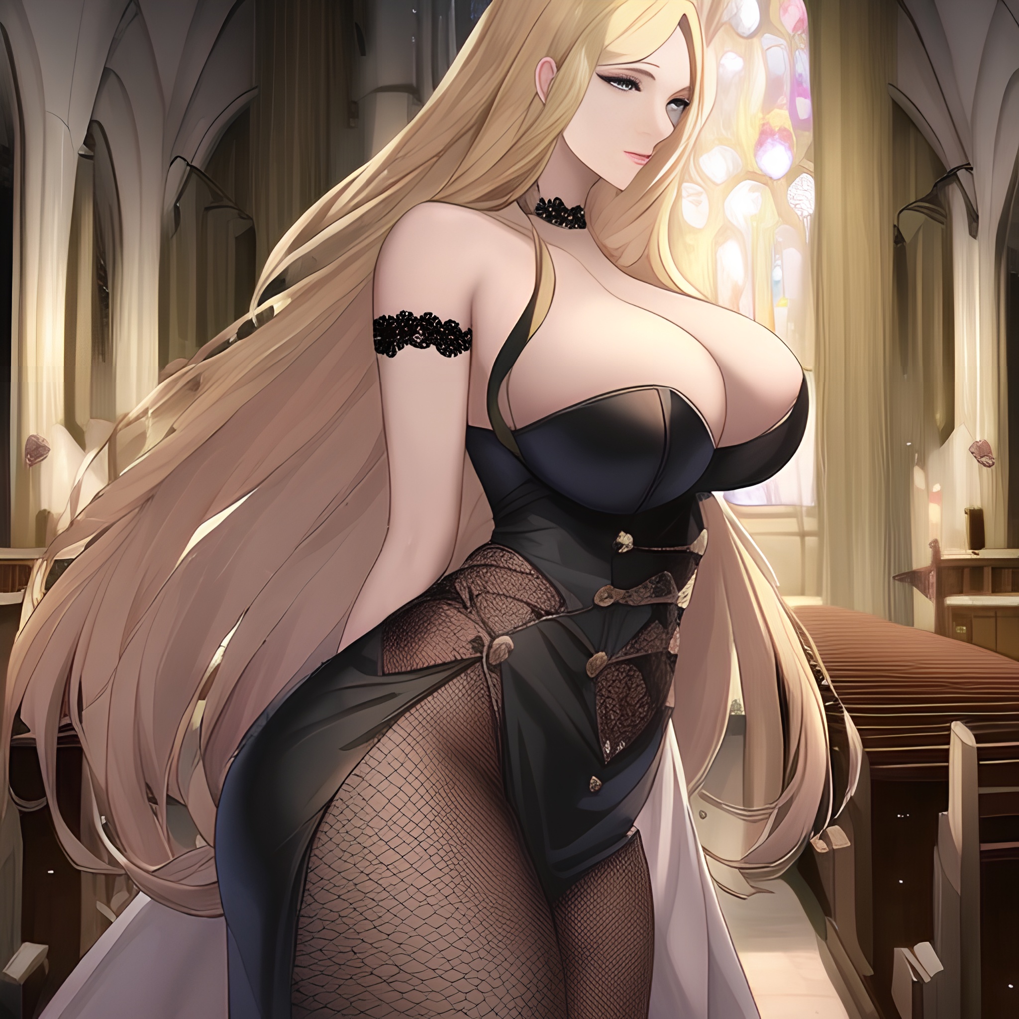 woman long hair fishnet front view church blonde small boobs nude 