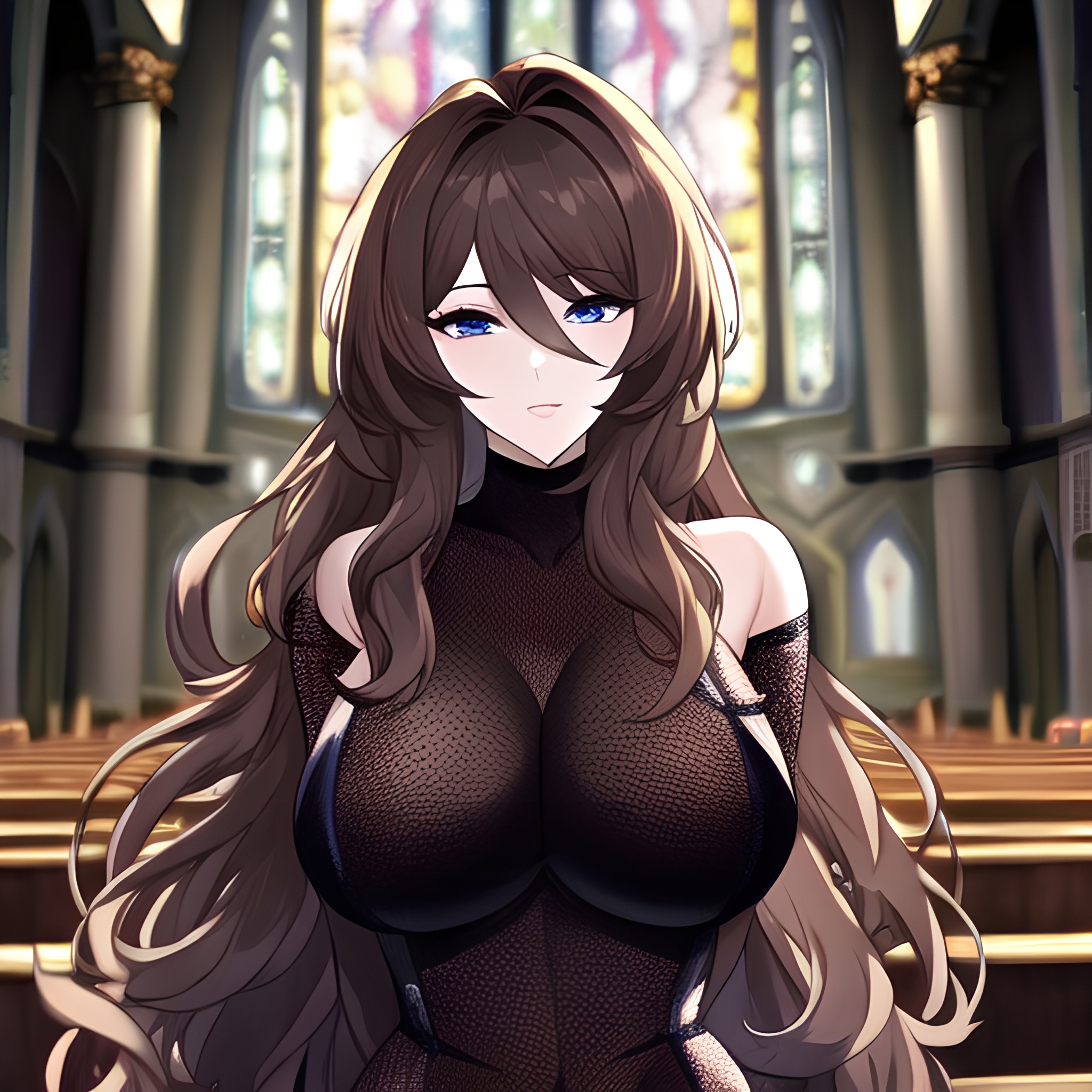 woman long hair fishnet messy hair brunette church 