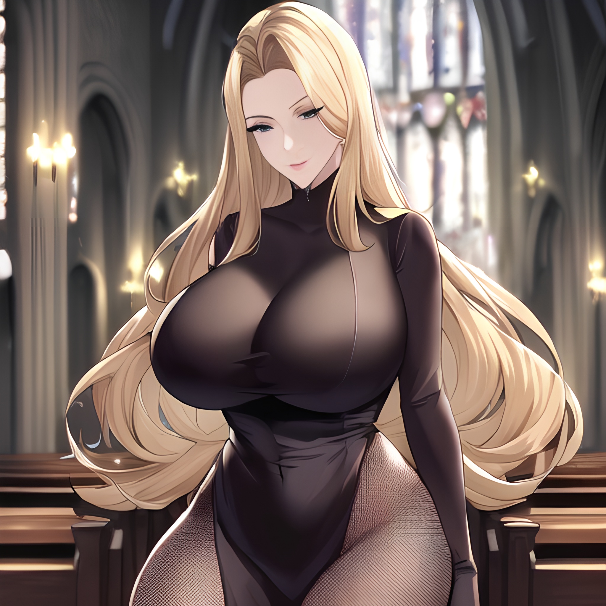 woman long hair front view fishnet church blonde small boobs nude 