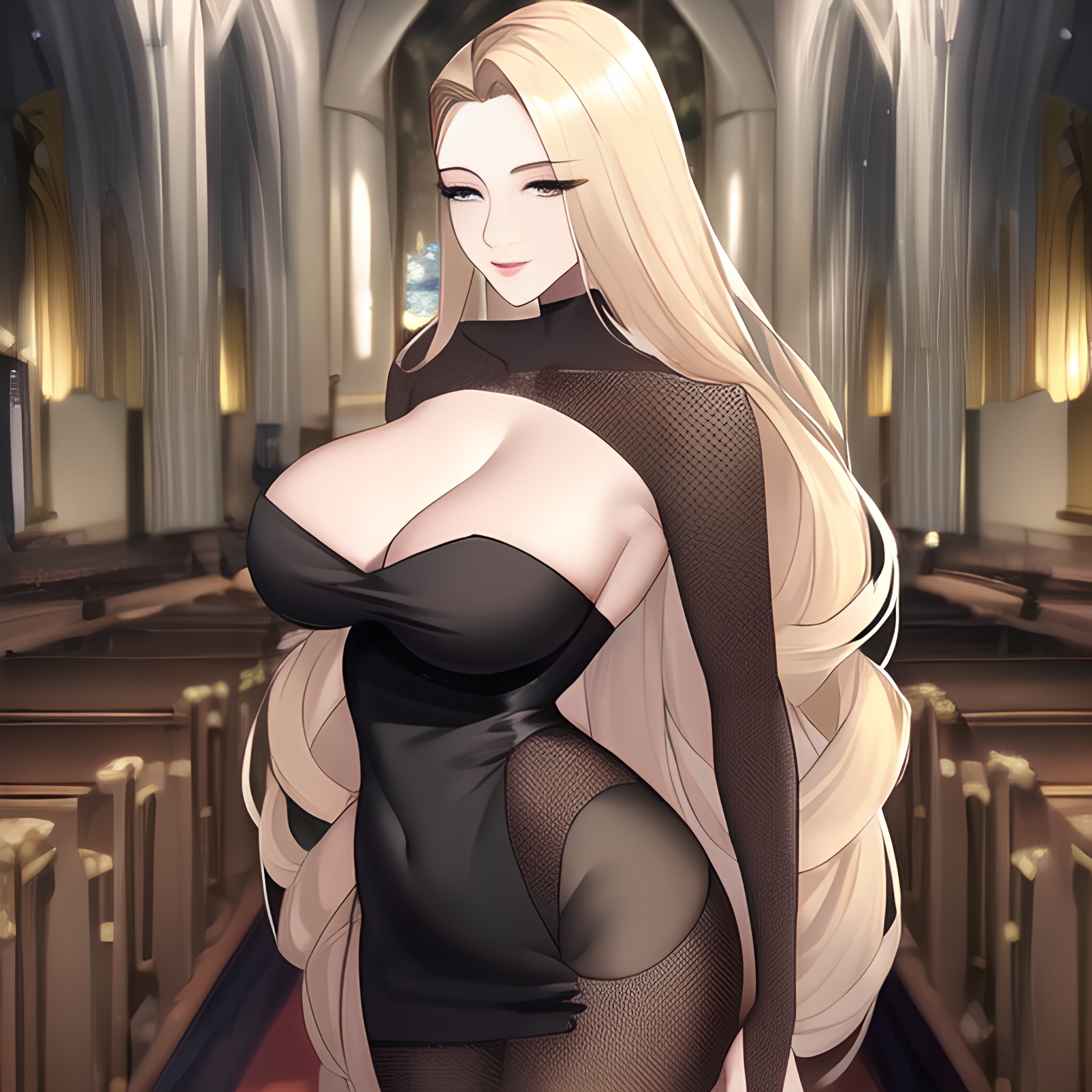 woman long hair front view fishnet nude blonde small boobs church 