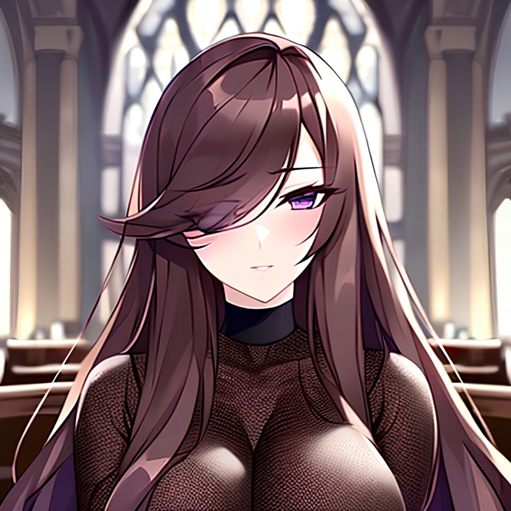 woman long hair messy hair brunette church fishnet 