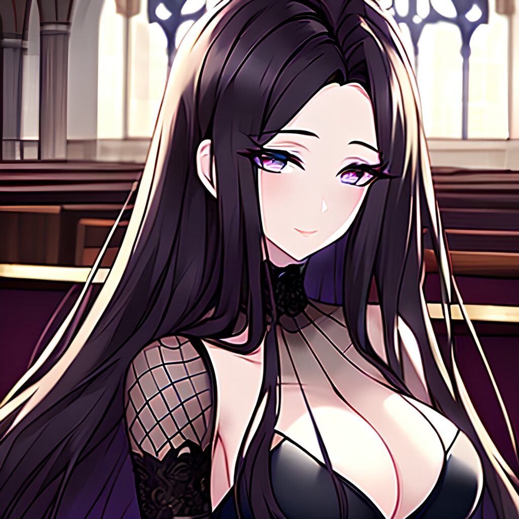 woman long hair messy hair brunette church fishnet 