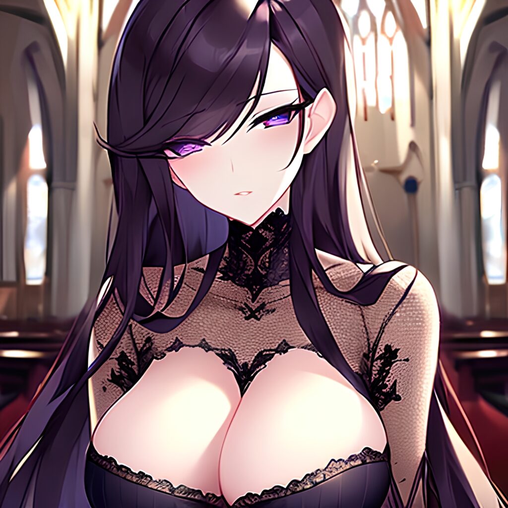 woman long hair messy hair brunette church fishnet 