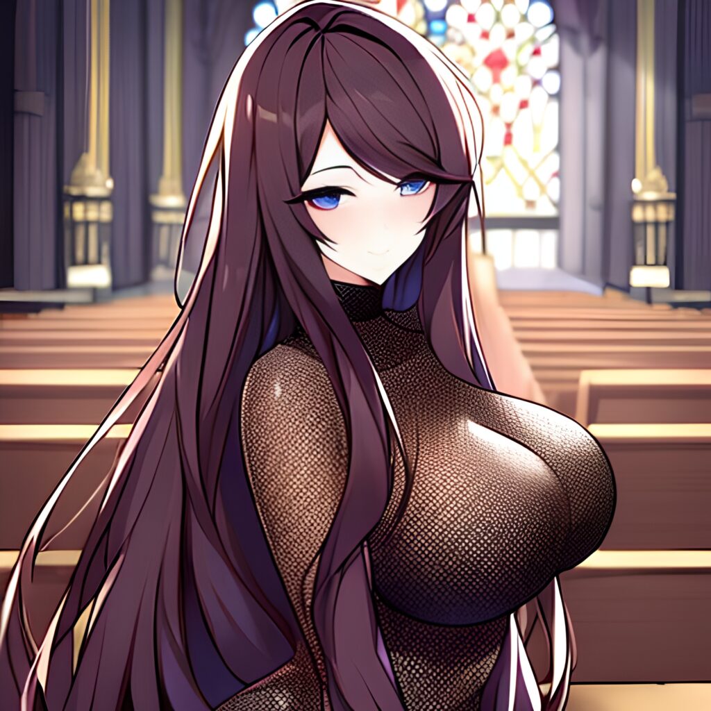 woman long hair messy hair brunette church fishnet 