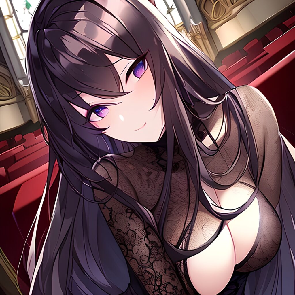 woman long hair messy hair brunette church fishnet 