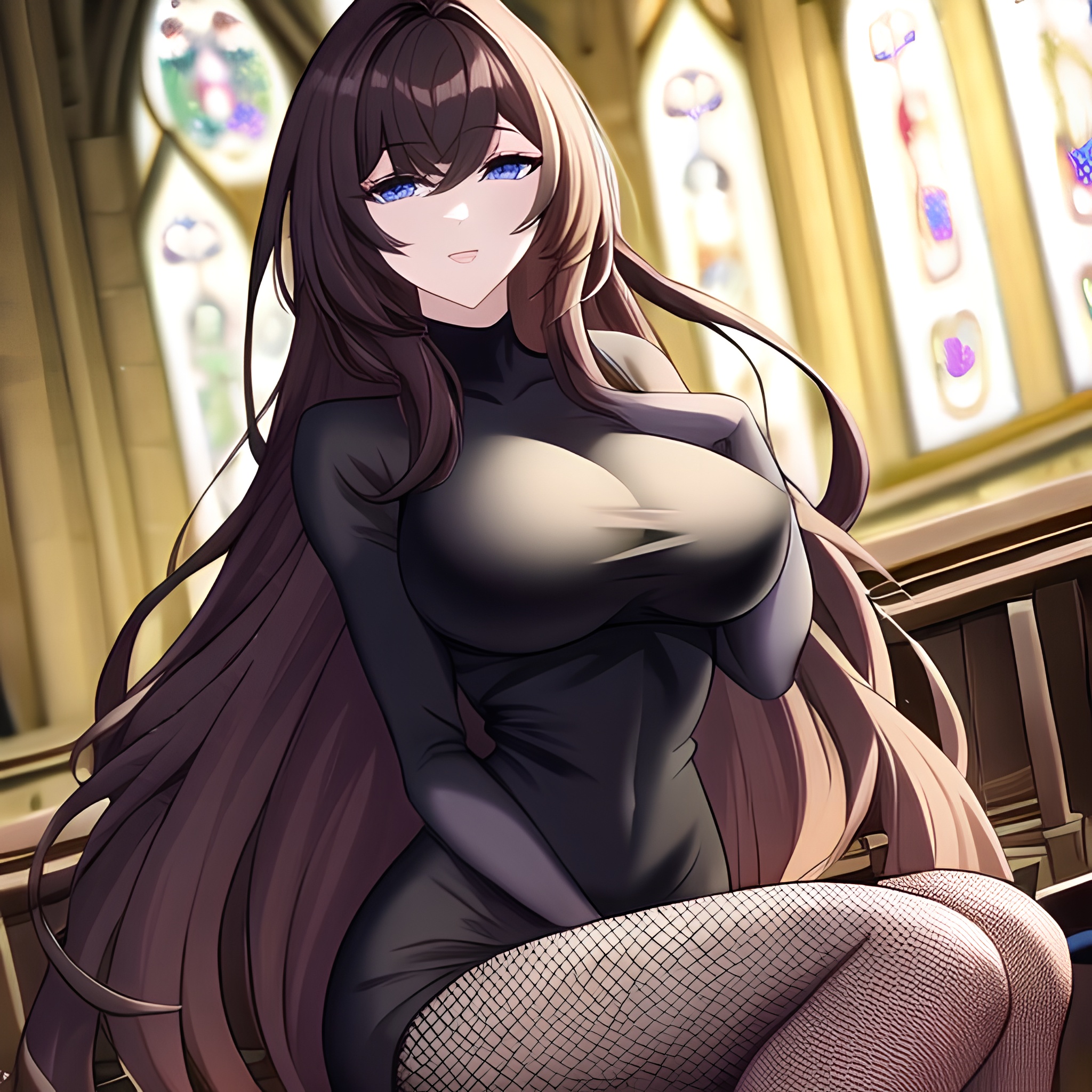 woman long hair messy hair brunette fishnet church 