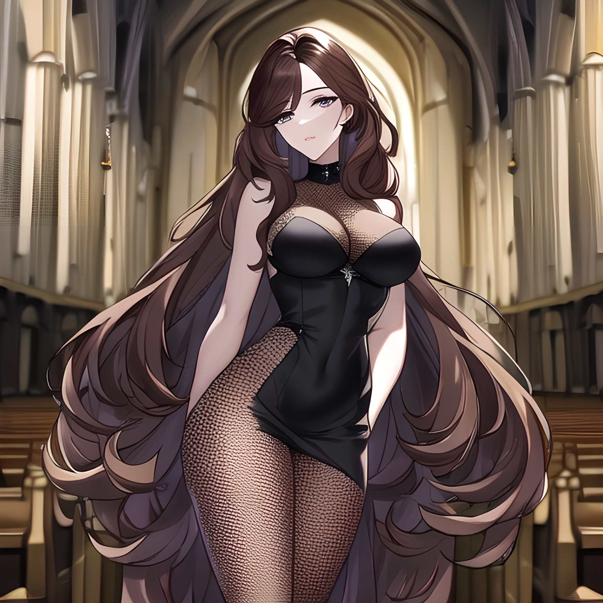 woman long hair messy hair brunette fishnet church 