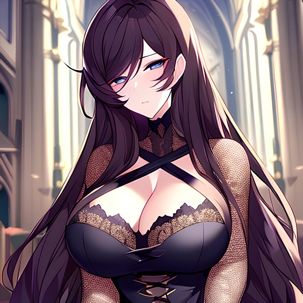 woman long hair messy hair brunette fishnet church 