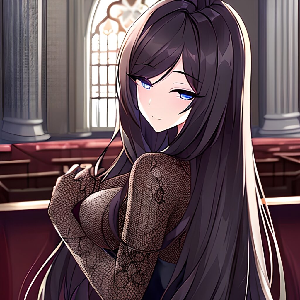 woman long hair messy hair brunette fishnet church 