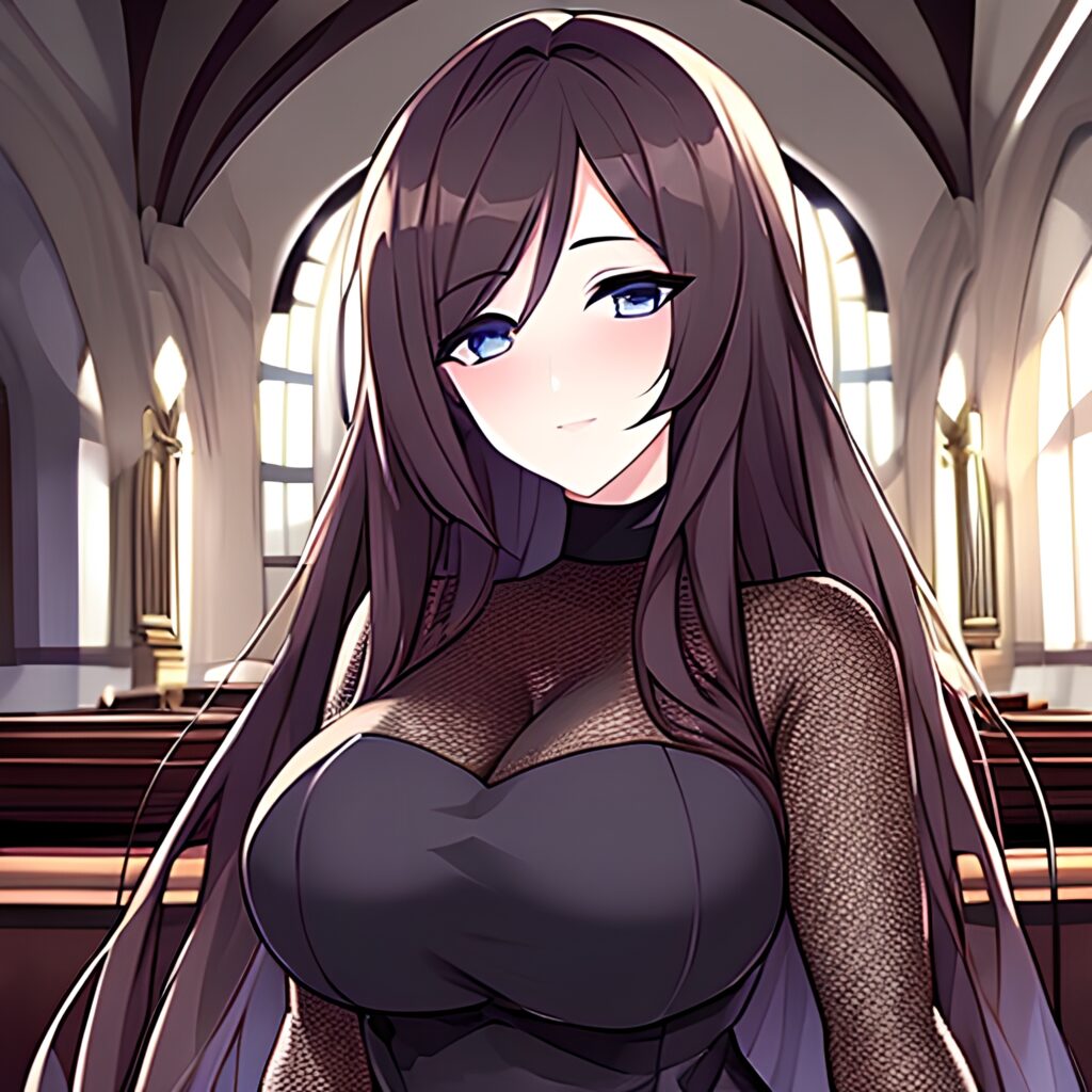 woman long hair messy hair brunette fishnet church 