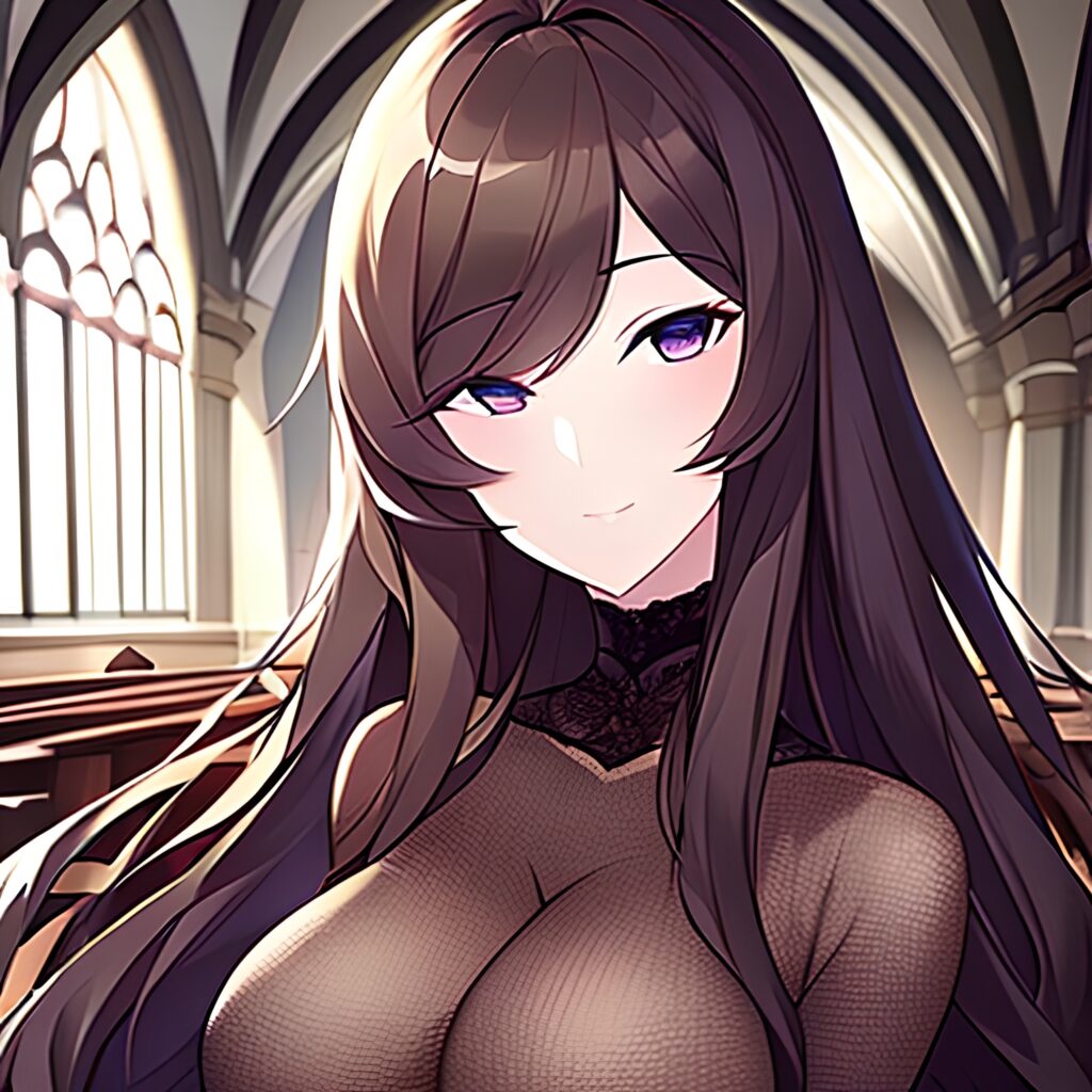 woman long hair messy hair church brunette fishnet 