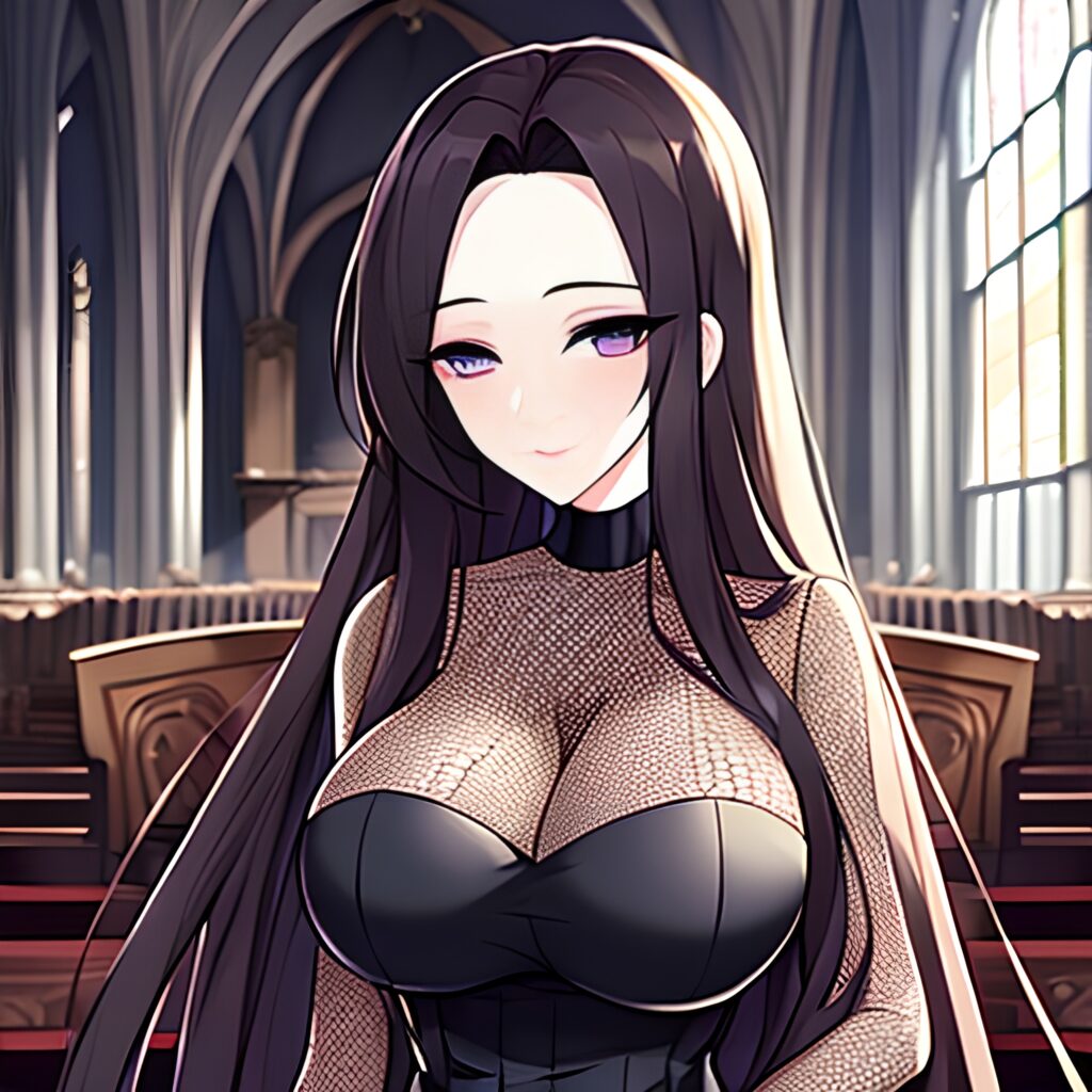 woman long hair messy hair church brunette fishnet 