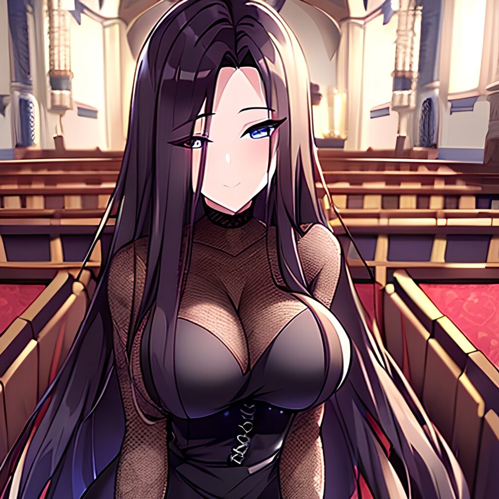 woman long hair messy hair church brunette fishnet 