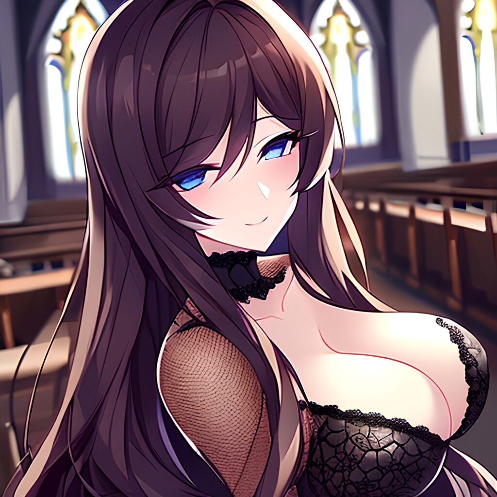 woman long hair messy hair church brunette fishnet 