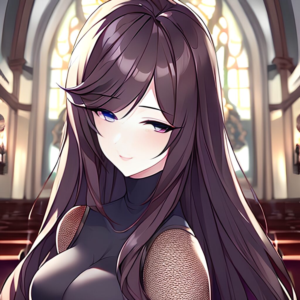 woman long hair messy hair church brunette fishnet