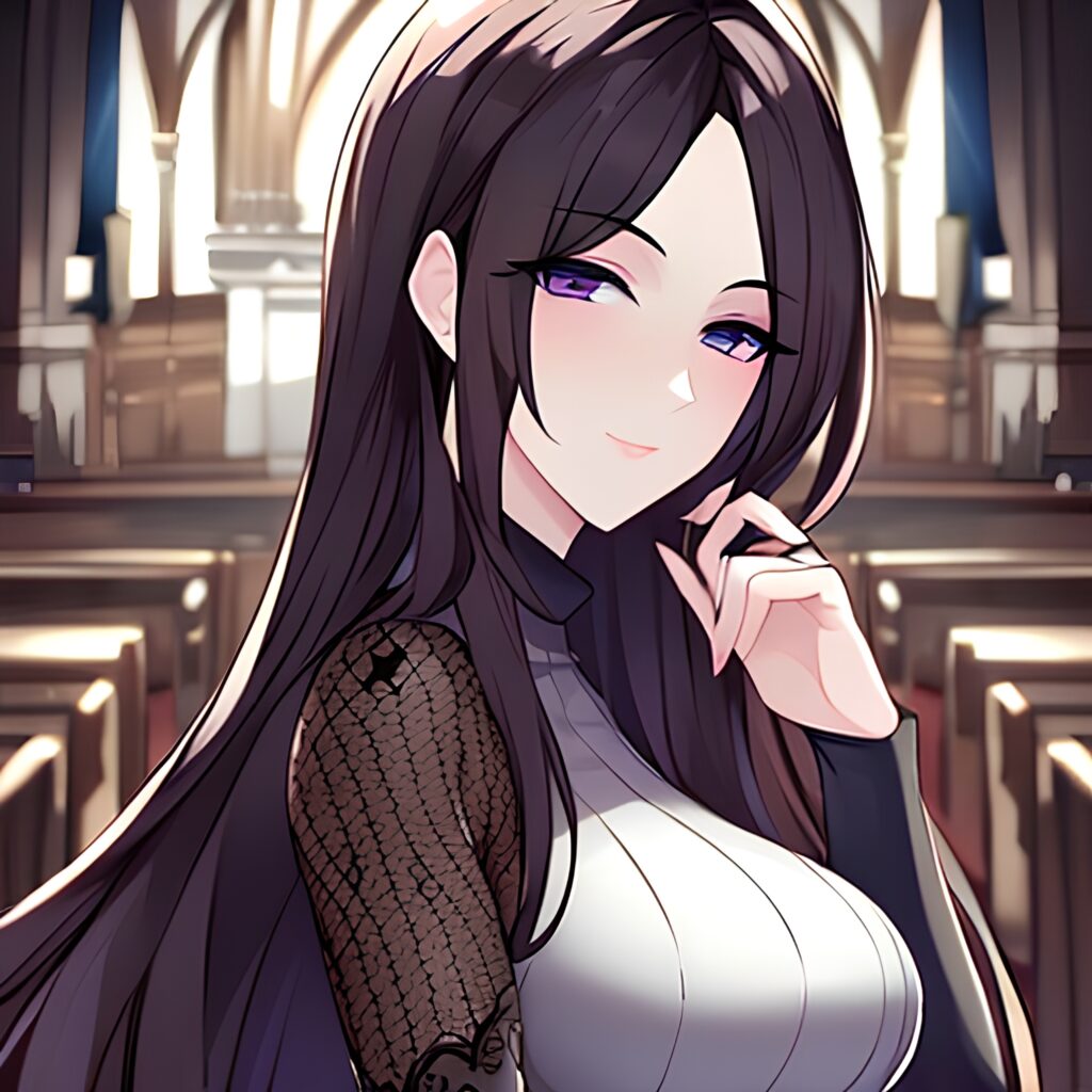 woman long hair messy hair church brunette fishnet 