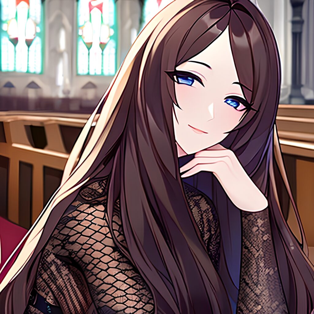 woman long hair messy hair church brunette fishnet 