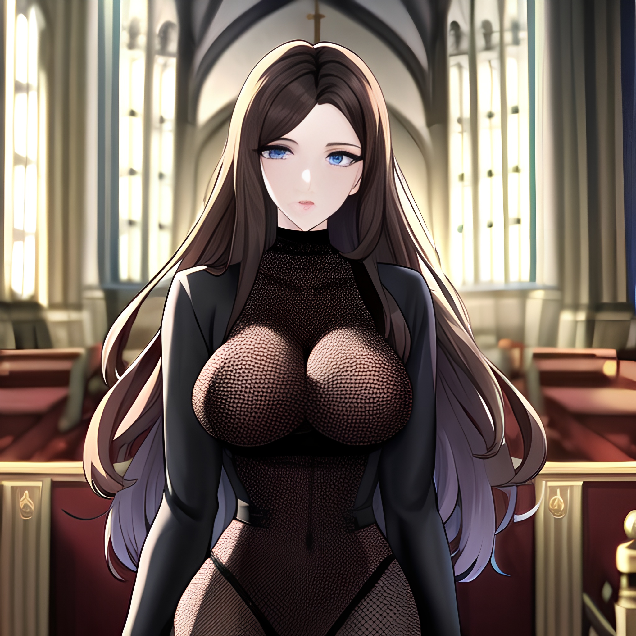 woman long hair messy hair church fishnet brunette 