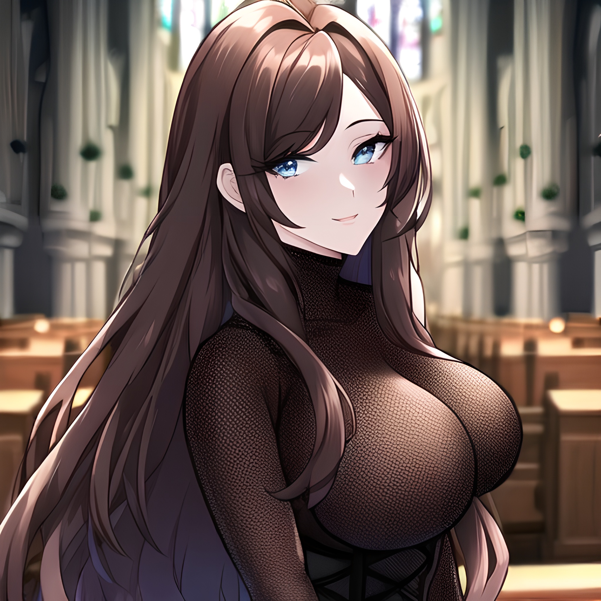 woman long hair messy hair fishnet brunette church 