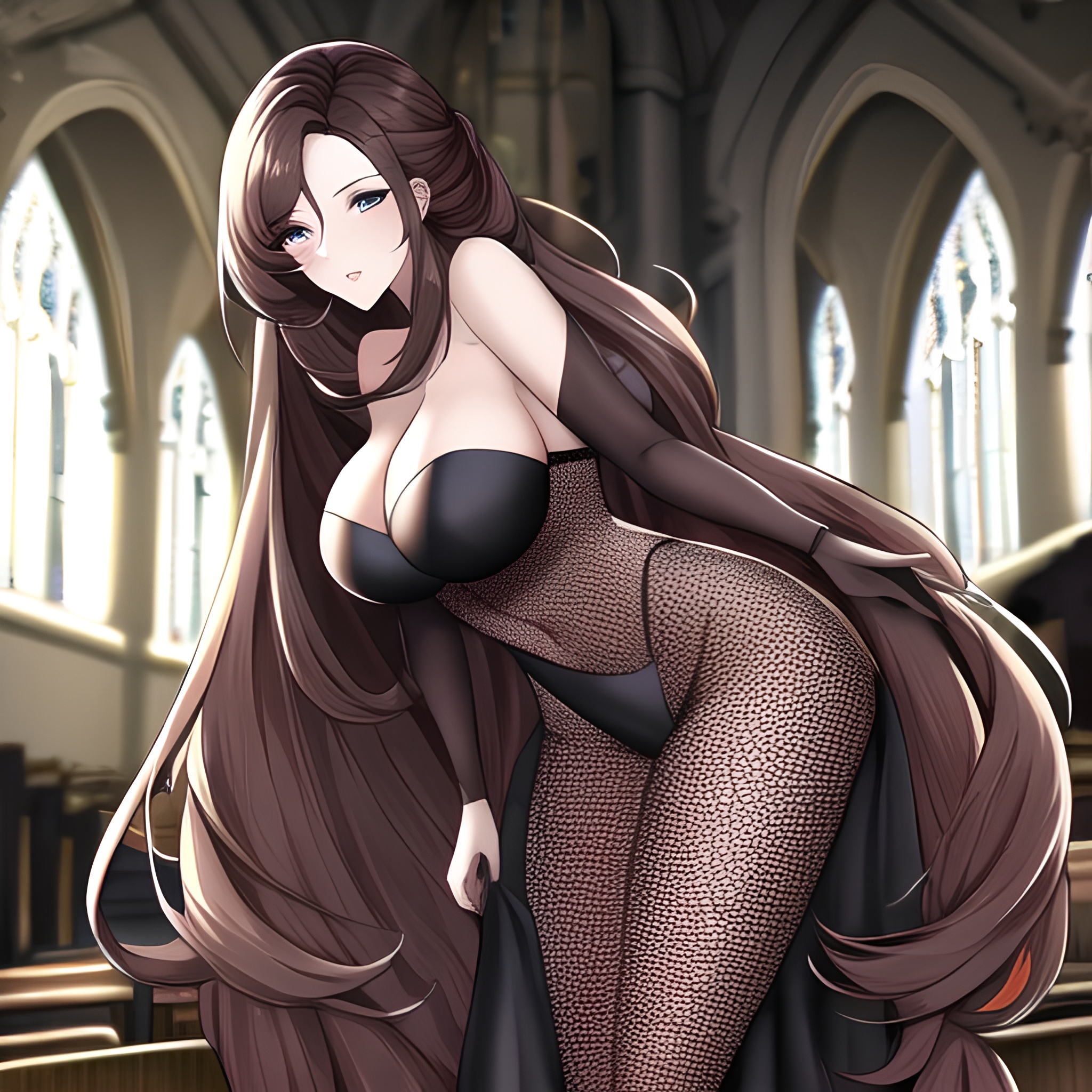 woman long hair messy hair fishnet church brunette