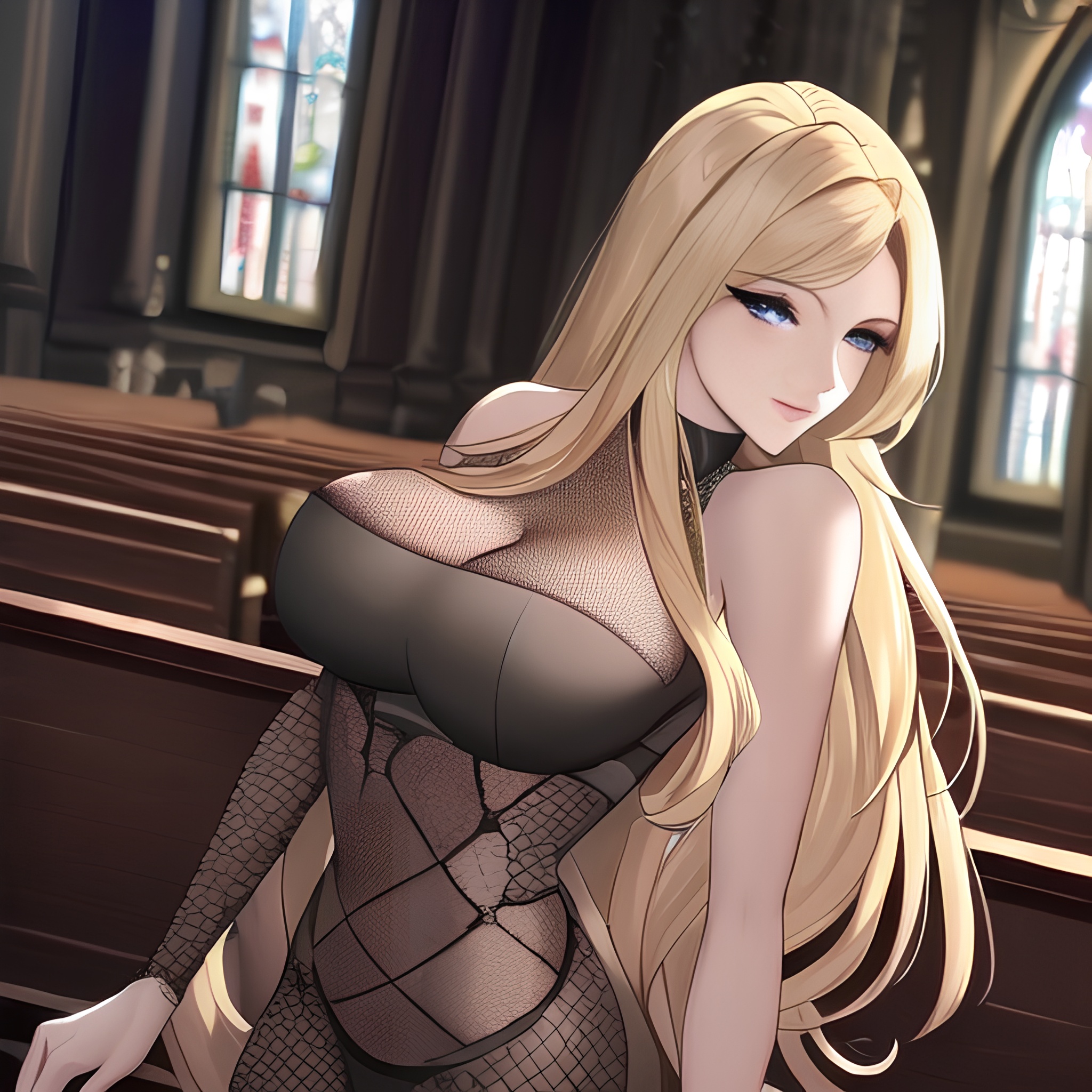 woman long hair small boobs front view fishnet nude church blonde 