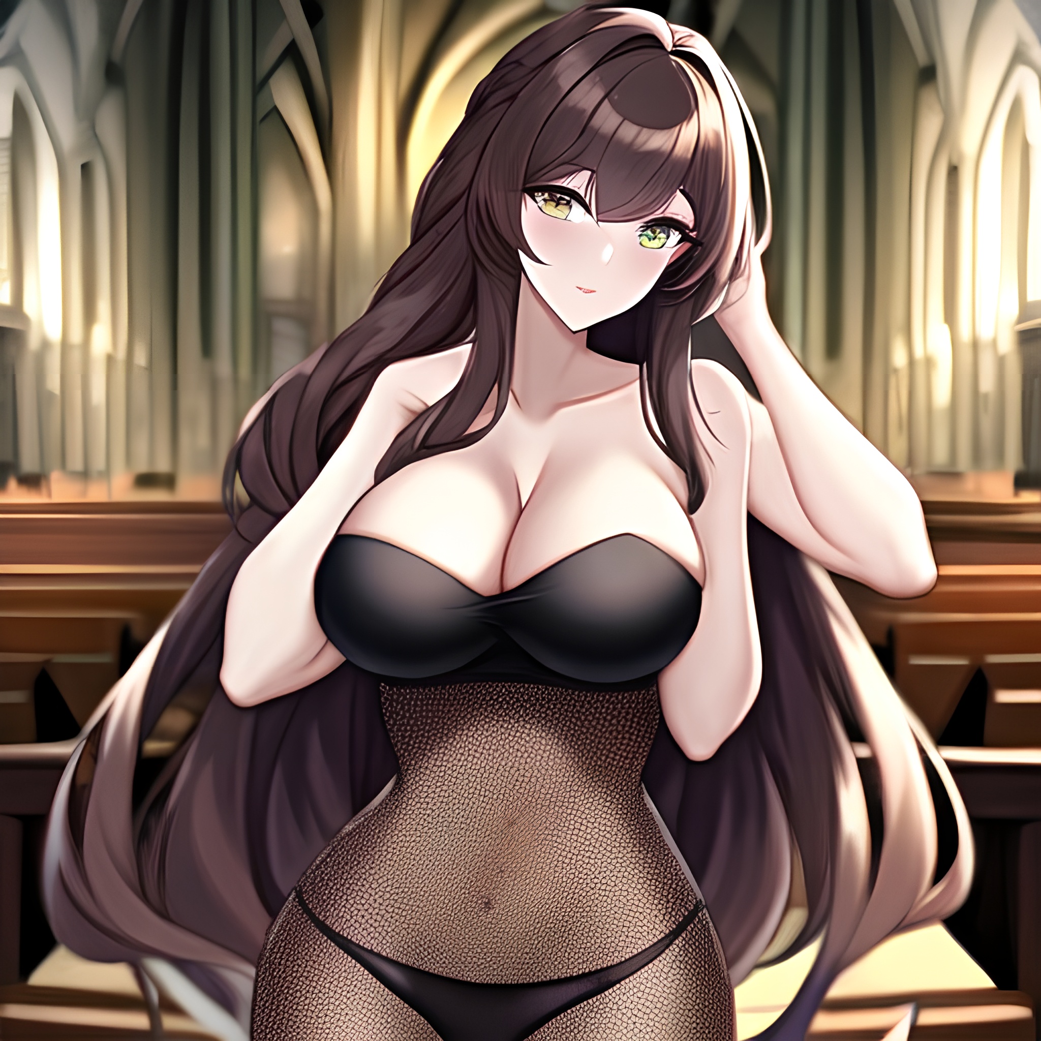 woman messy hair brunette church fishnet long hair 