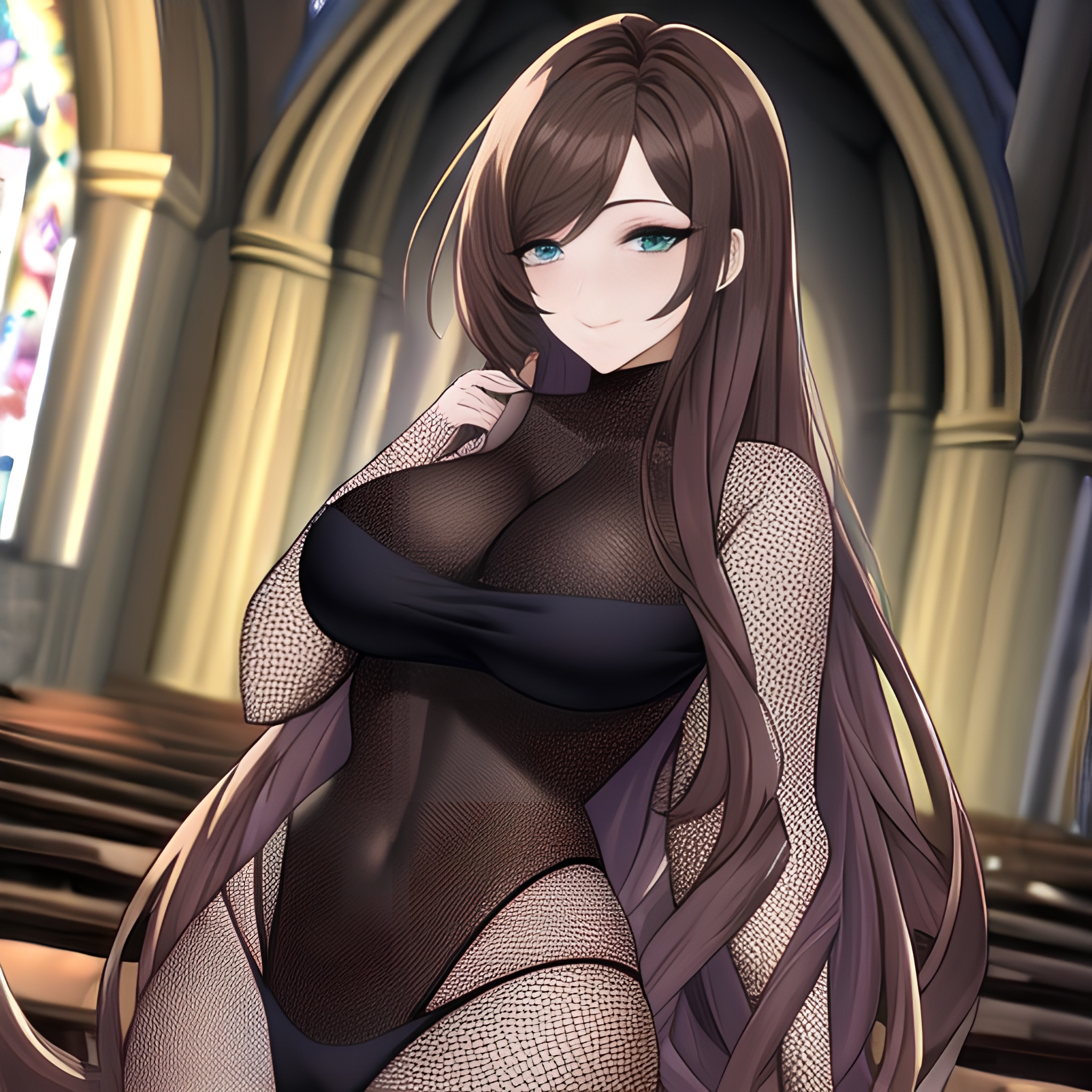 woman messy hair brunette church fishnet long hair 