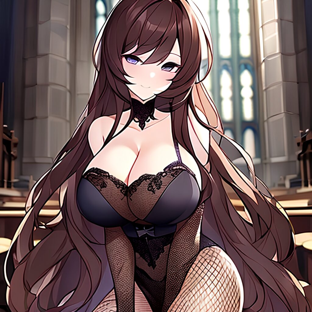 woman messy hair brunette fishnet long hair church 