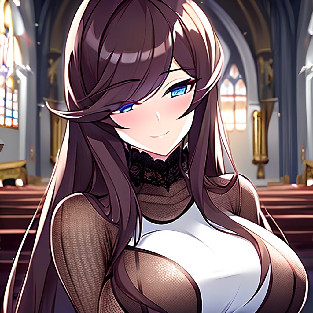 woman messy hair brunette fishnet long hair church 