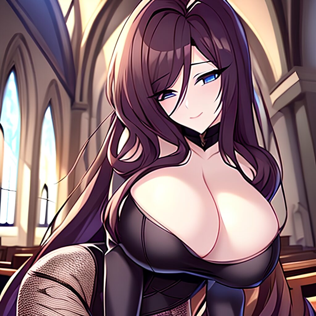 woman messy hair brunette fishnet long hair church 