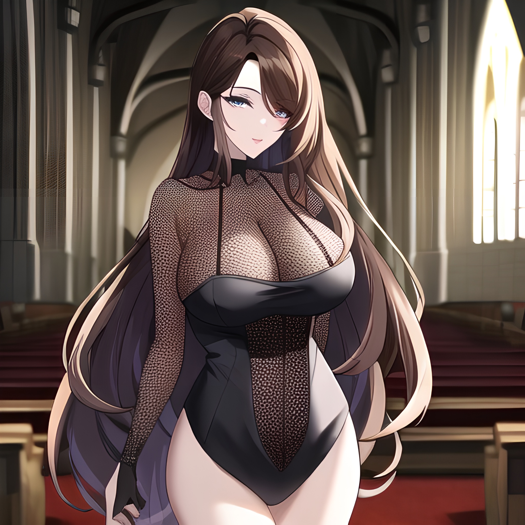 woman messy hair brunette long hair church fishnet 